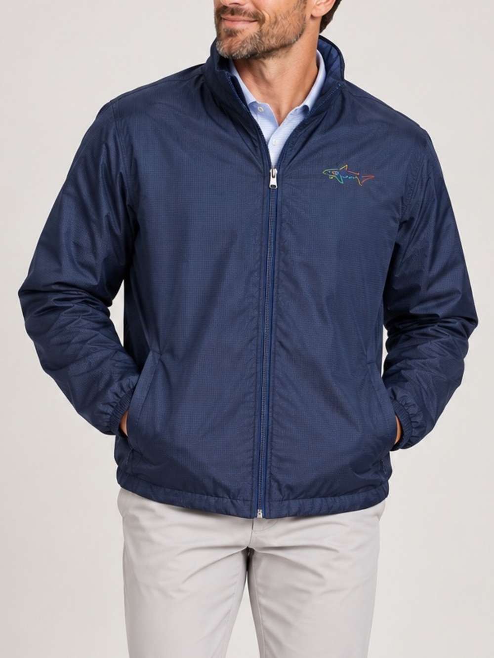 Greg Norman Collection Navy Full-Zip Windbreaker with Multicolor Shark Logo